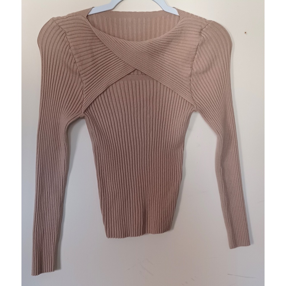 SHEIN Girl's‎ Ribbed Knit Sweater Top L (8/10) Beige Tan Cross Front Detail